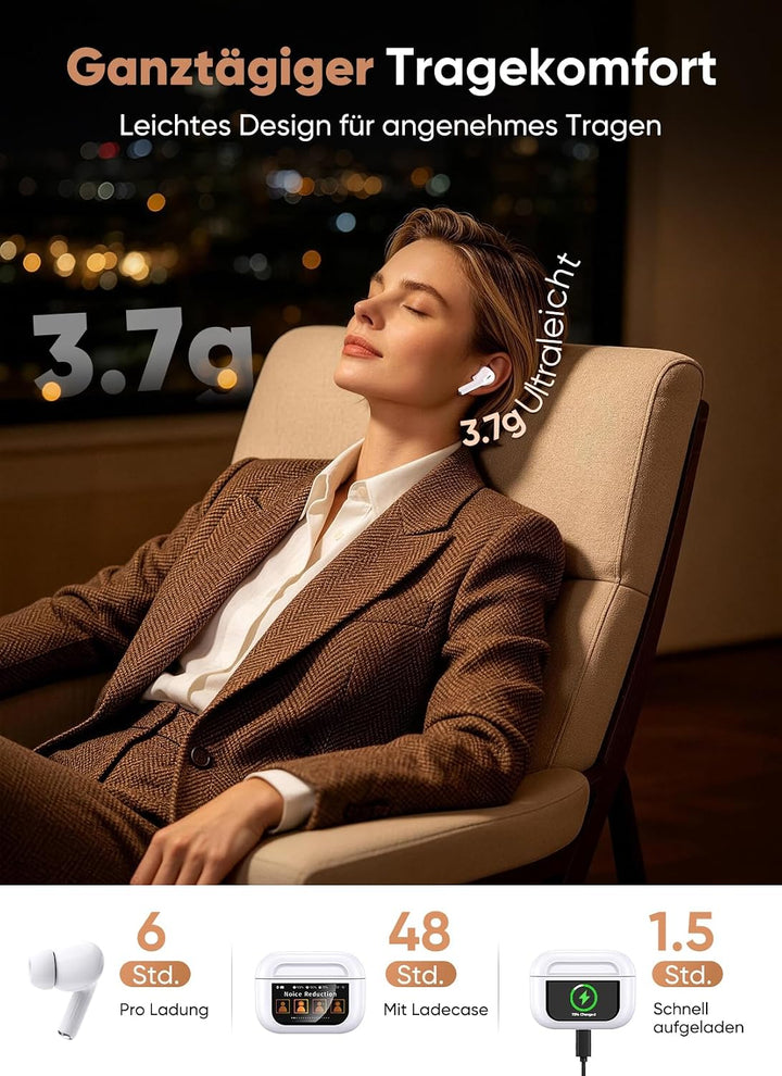 ZZU Kopfhörer Kabellose Bluetooth mit Smart Touchscreen, 48 Std. Laufzeit, Bluetooth 5.4 In-Ear Ohrh