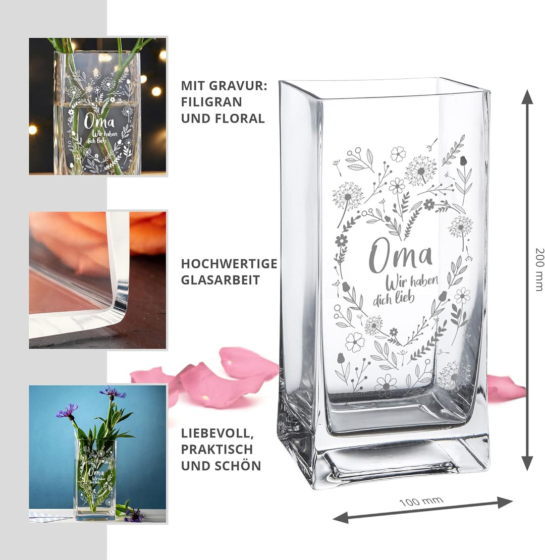 Blumenvase für Oma, Vase mit Gravur, Geschenk , Eckige Glasvase für Blumen, Blumenherz Deko , Modern