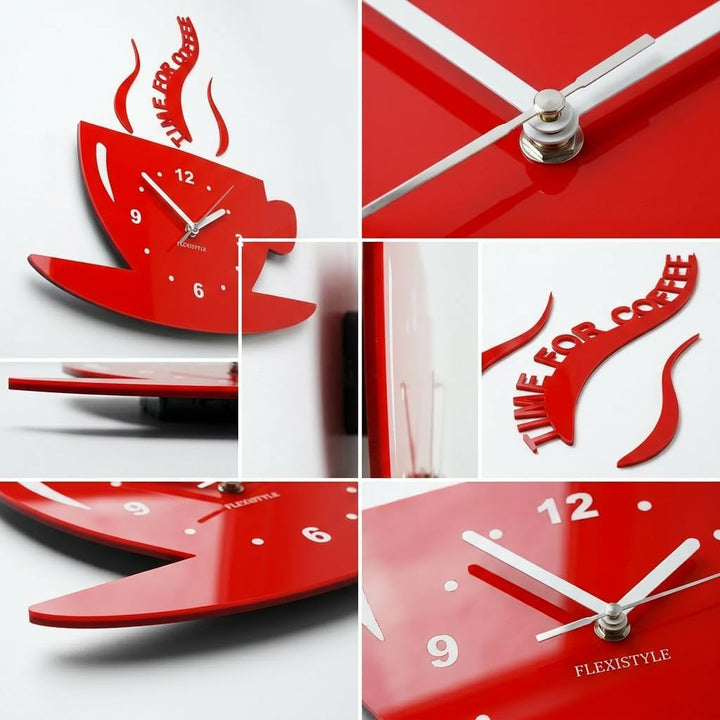 FLEXISTYLE Tasse Time for Coffee (Zeit für Kaffee) Moderne Küche Wanduhr rot, 3D römisch, wanduhr de