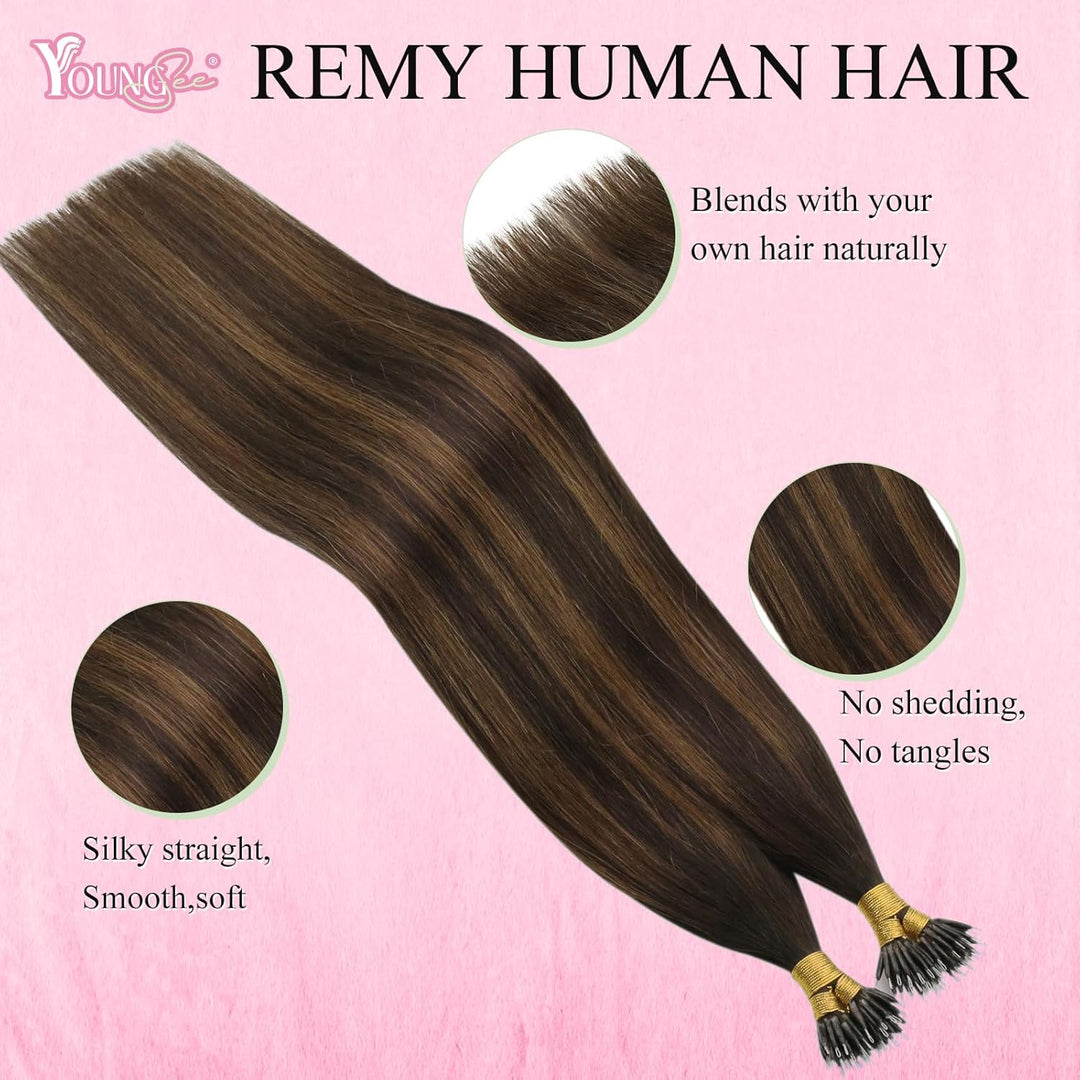 YoungSee Nanoring Extensions Echthaar Ombre Nano Extensions Echthaar Dunkelbraun Balayage Mittelbrau