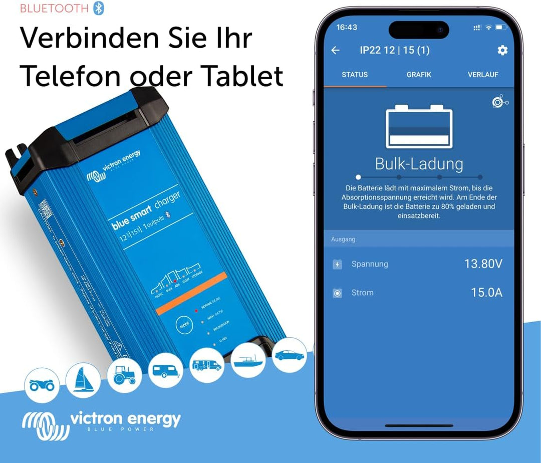 Ladegerät 15A 12V Victron Energy Blue Smart IP22 Bluetooth 12/15 1 Schuko 12V 15A - 1 Ausgang Single