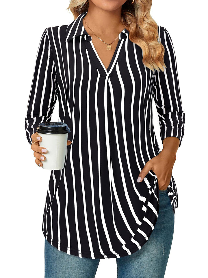 Siddhe Damen V-Ausschnitt Bluse 3/4 Ärmel Oberteile Tunika Tops Locker Longshirt Lässige T-Shirt Lan