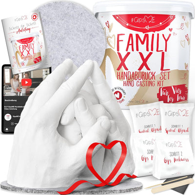 GipsME XXL 3D Handabdruck Set Familie Gipsabdruck für 4 Hände + Sockel Made in Germany - Premium Fam