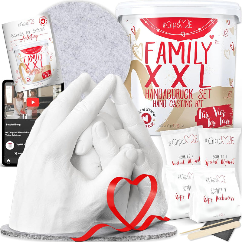 GipsME XXL 3D Handabdruck Set Familie Gipsabdruck für 4 Hände + Sockel Made in Germany - Premium Fam