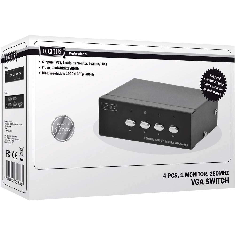 DIGITUS Professional VGA Video Switch / Umschalter, 4 Eingänge - 1 Ausgang, 250MHz, bis 1920x1080 Pi