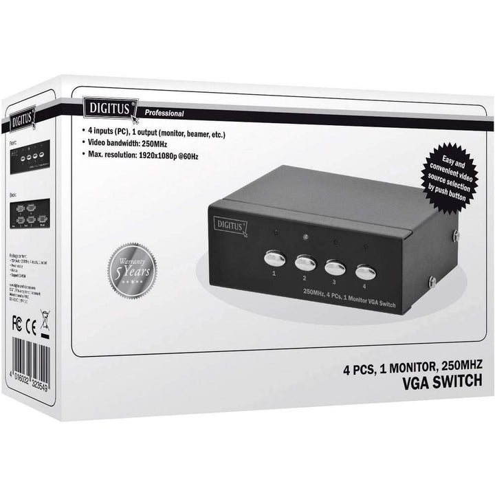 DIGITUS Professional VGA Video Switch / Umschalter, 4 Eingänge - 1 Ausgang, 250MHz, bis 1920x1080 Pi