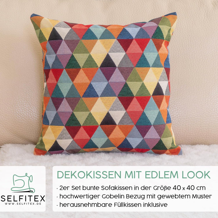 Selfitex 2er Set Bunte Sofakissen mit Füllung und Bezug 40x40, Luxus Sofakissen, farbenfrohes Couchk