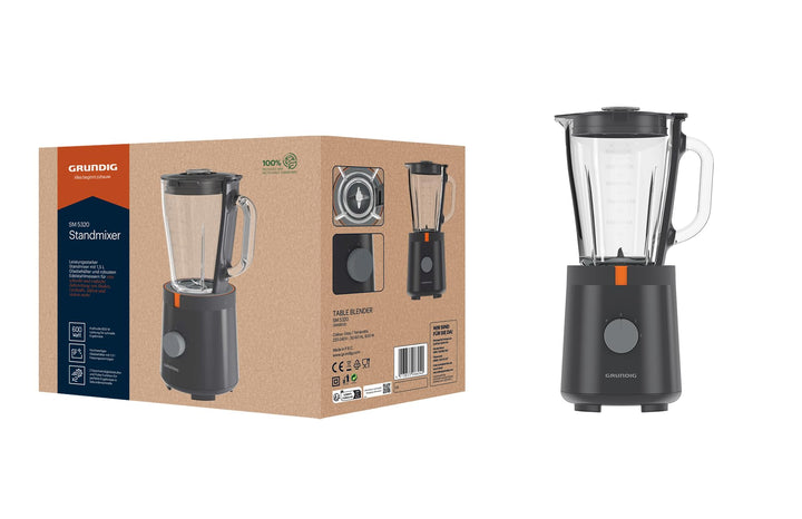 Grundig SM 5320 Standmixer, 1,5 Liter Glasbehälter, 600 Watt, 4-fach Edelstahlmesser, 2 Geschwindigk