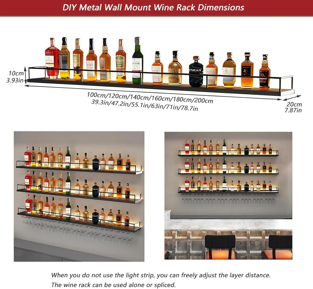 140CM Modernes Wand Weinregal Metall, 3 Ebenen Wandmontage Wine Display-Ständer mit Glashalter, Schw