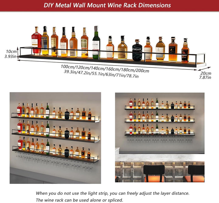 140CM Modernes Wand Weinregal Metall, 3 Ebenen Wandmontage Wine Display-Ständer mit Glashalter, Schw