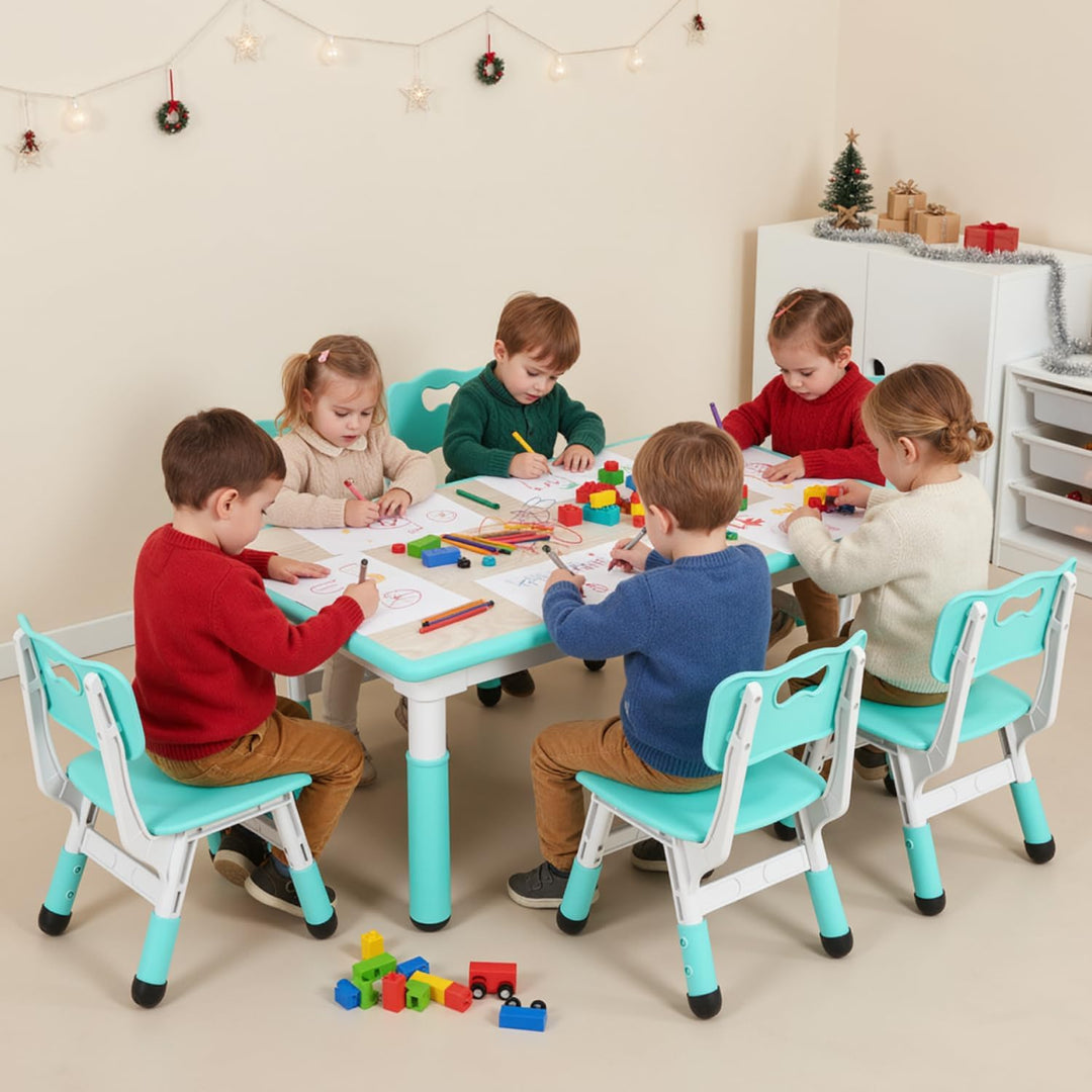 MAMIZO Kindertisch mit 6 Stühlen, Kindertischgruppe Höhenverstellbar Packung, Kinder Tisch Stuhl Set
