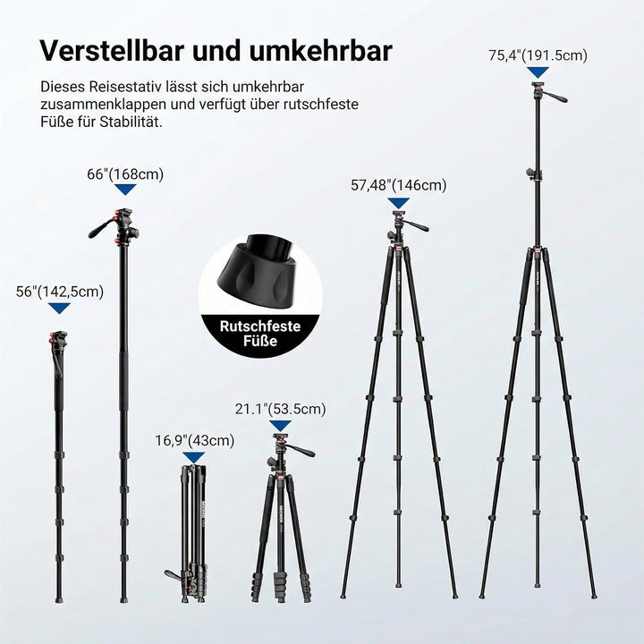 NEEWER BASICS Overhead Horizontal Kamera Stativ Einbeinstativ mit Fluidkopf und Mittelsäule, 75,4" M