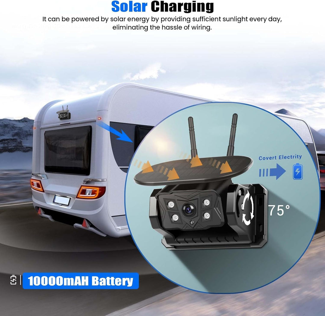 CAMECHO [Solar] Rückfahrkamera Kabellos mit 10.1 Zoll Monitor Touchscreen, 10000 mAh Magnetische 720