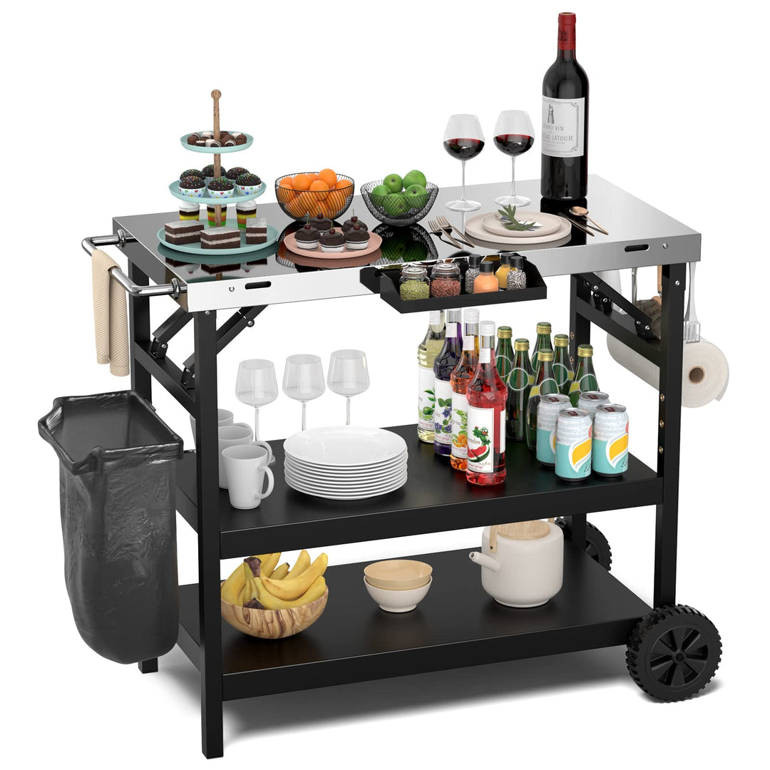 COSTWAY Grilltisch mit 3 Ablagen, Grillwagen mit Verstellbarer Ablage, Telefonständer, Gewürzregal,
