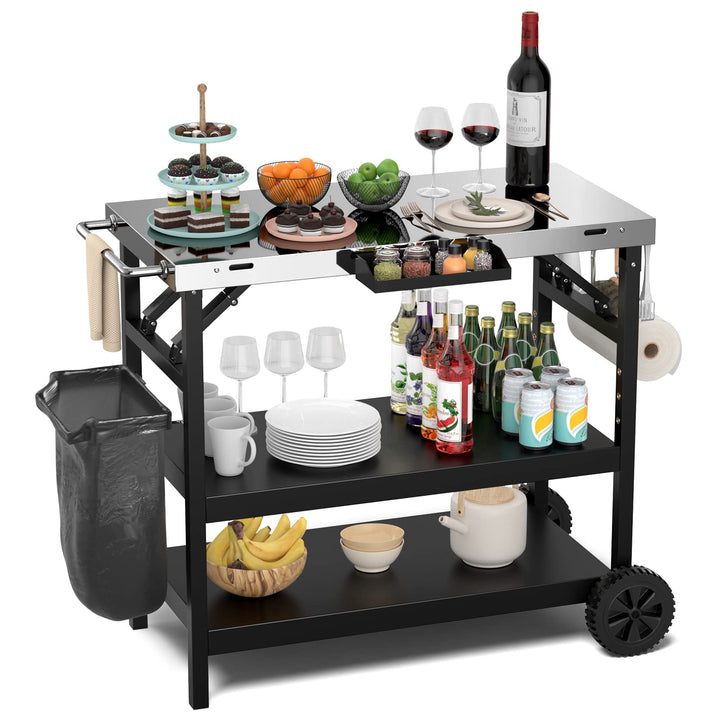 COSTWAY Grilltisch mit 3 Ablagen, Grillwagen mit Verstellbarer Ablage, Telefonständer, Gewürzregal,