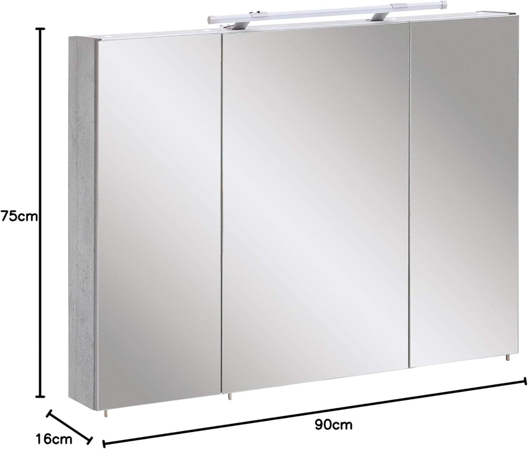 Schildmeyer Bello Spiegelschrank, Holzdekor, Steingrau, 90.0 x 16.0 x 75.0 cm 90 cm Single, 90 cm Si