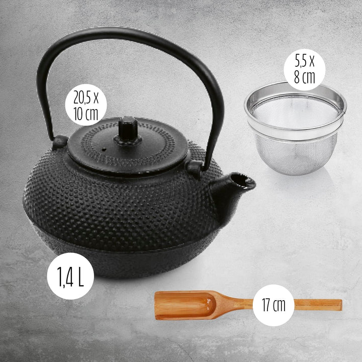 Lumaland Tee Kanne im Asia Hobnail Design | 1 x gusseiserne Teekanne (1,4 Liter) 1x Bambus Dosierlöf