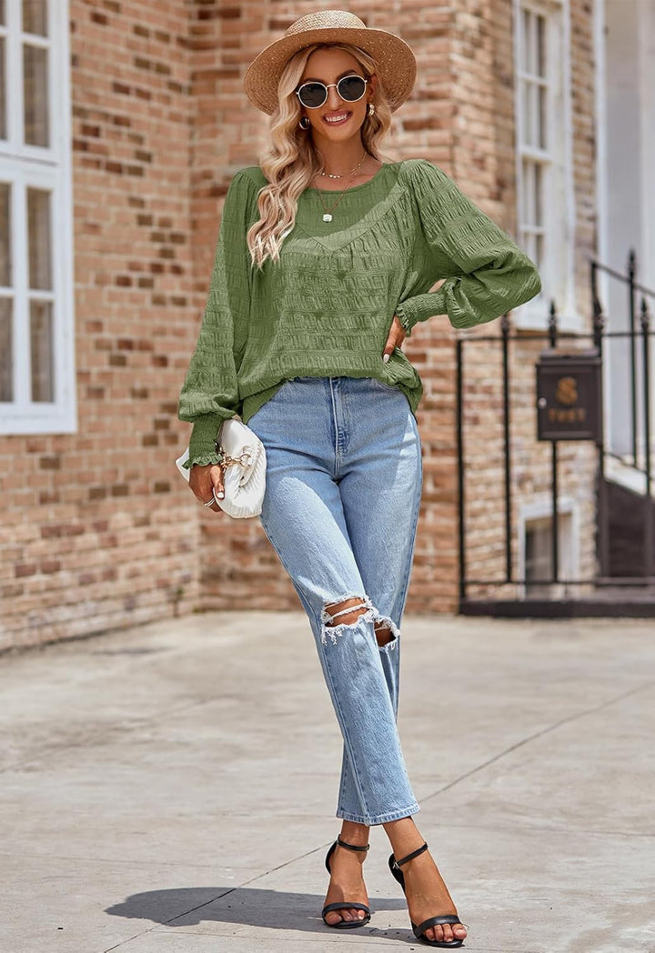 ANCAPELION Damen Elegant Bluse Weiss Chiffon Bishop Langarm Rundhals Tunika Tops Casual Lose Einfarb