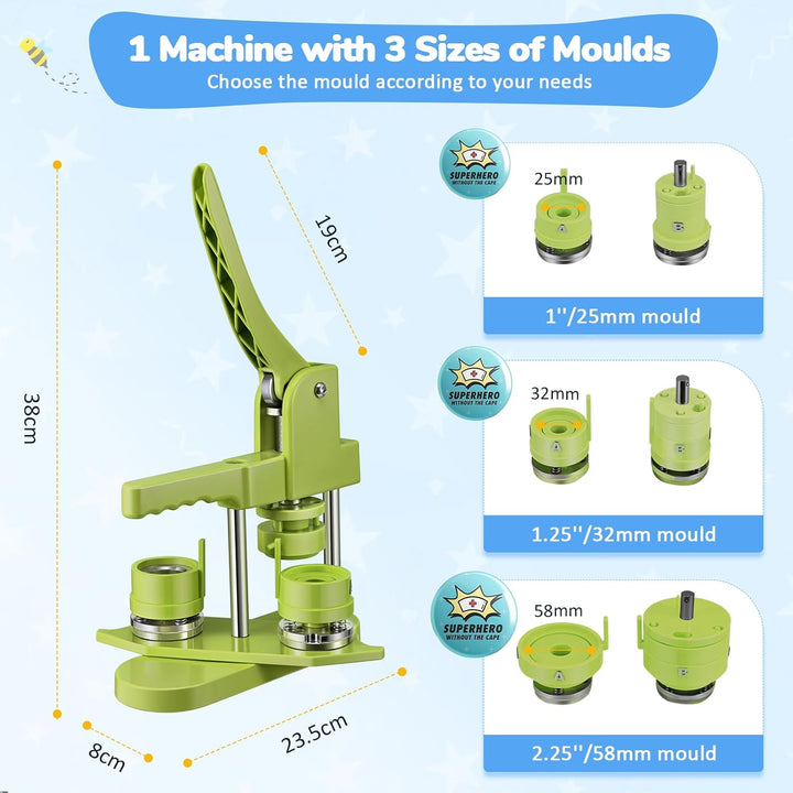 Buttonmaschine Button Maker 25+32+58 mm 300 Sets Kunststoff-Abzeichen-Nadelrücken Zimiking mit 10 Fl
