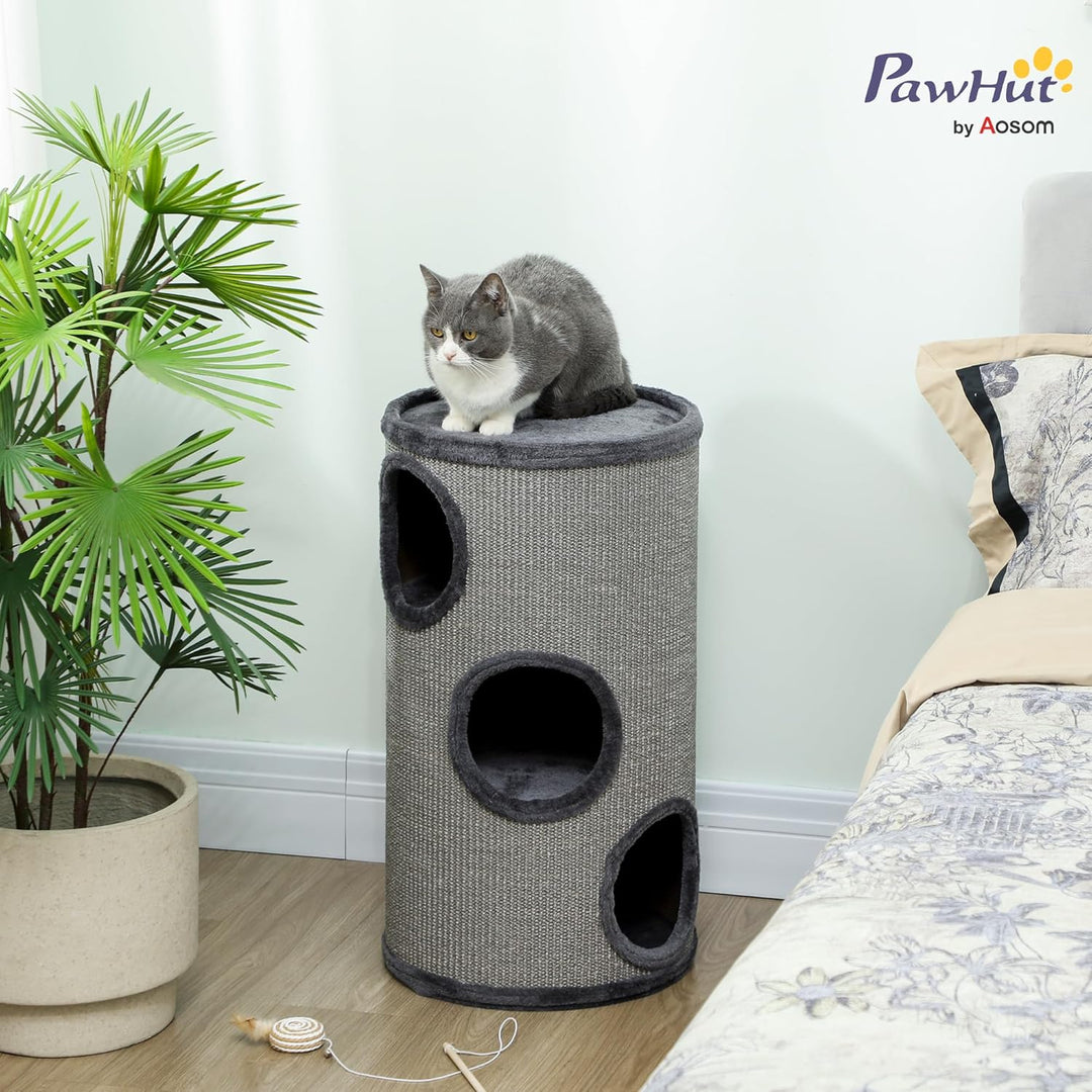 PawHut Kratztonne 70 cm Hoch Ø 38 cm dreistöckige Katzentonne mit Plüschrand, Katzenhöhle, Kratzbaum