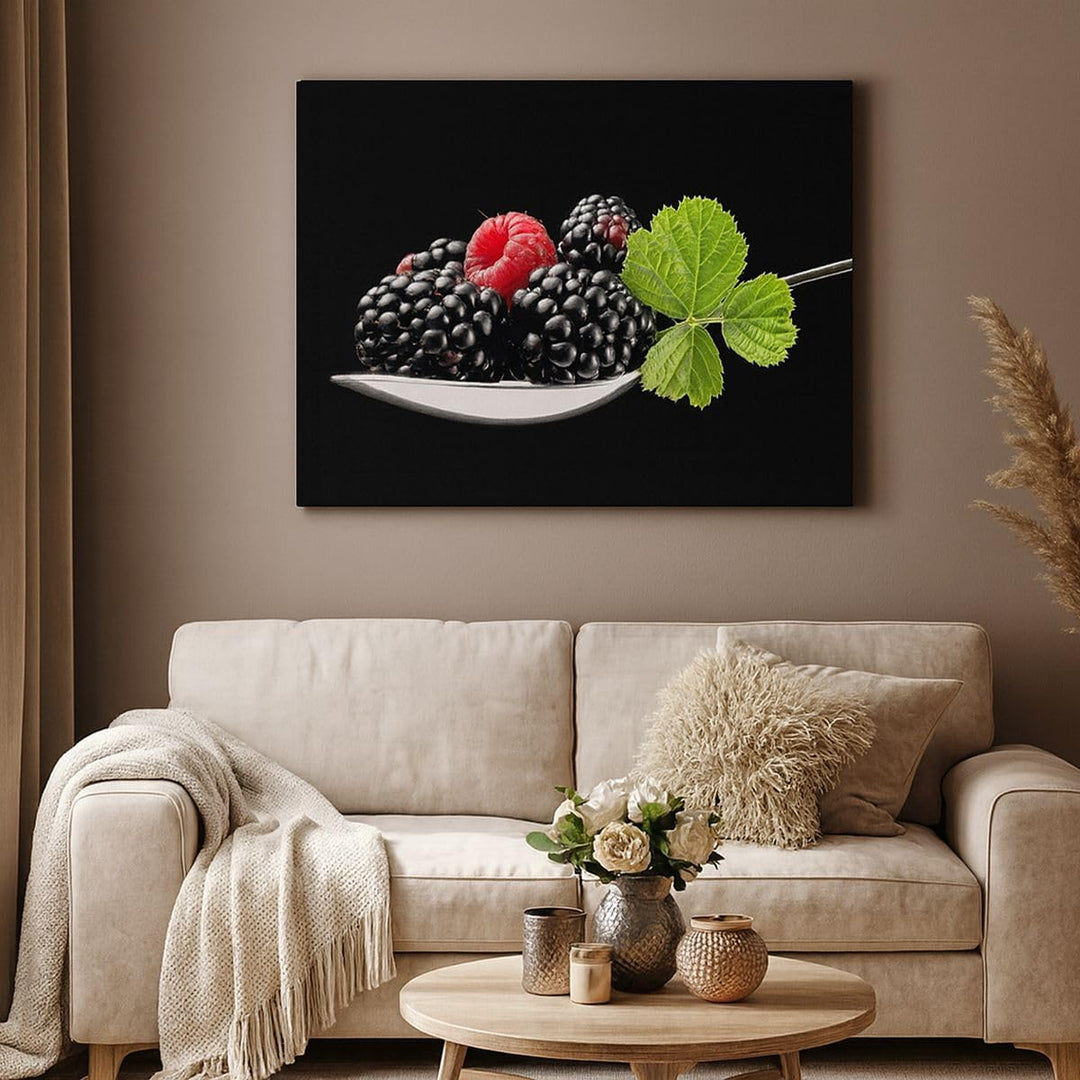 Bilder auf Leinwand 100x70cm Leinwandbild Löffel Himbeere Brombeere Frucht Gross Wanddeko Bild Schla