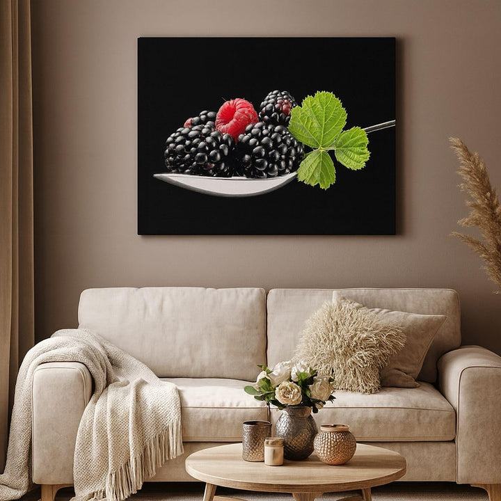 Bilder auf Leinwand 100x70cm Leinwandbild Löffel Himbeere Brombeere Frucht Gross Wanddeko Bild Schla