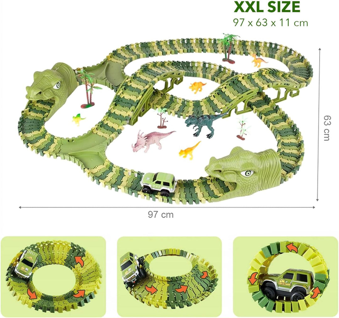 CELMAN Dinosaurier Spielzeug - Flexibles Rennbahn mit viele Teilen und Geländewagen, Autorennbahn Sp