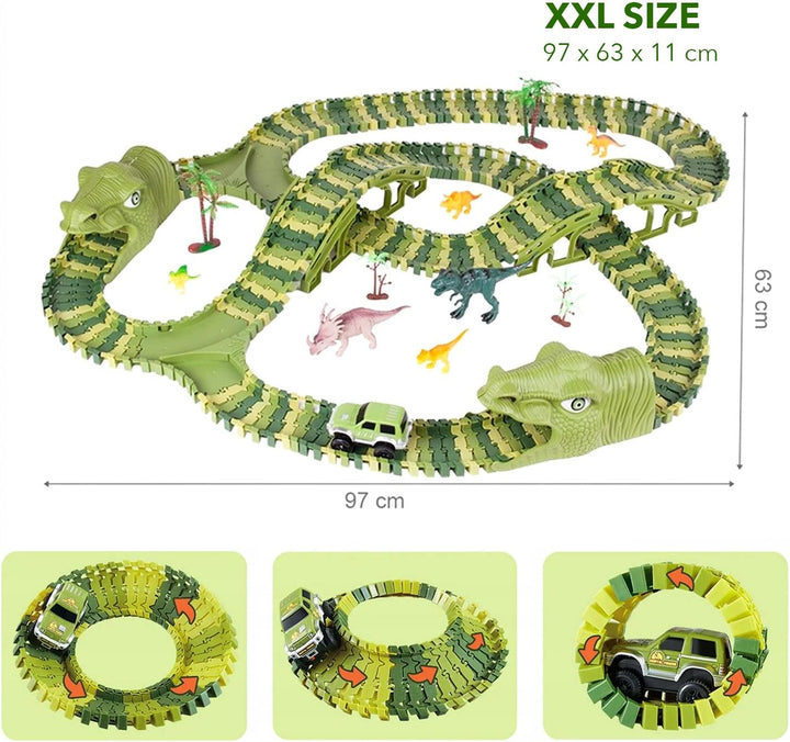 CELMAN Dinosaurier Spielzeug - Flexibles Rennbahn mit viele Teilen und Geländewagen, Autorennbahn Sp