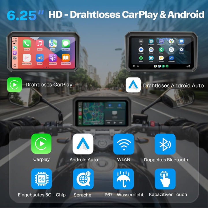 WonVon 6.25 Zoll Motorrad Carplay Display Motorrad Navigationsgeräte mit Motorrad Navi CarPlay & And