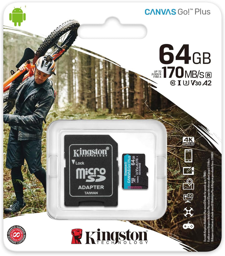 Kingston Canvas Go! Plus microSD Speicherkarte Klasse 10, UHS-I 64 GB microSDXC 170R A2 U3 V30 Speic