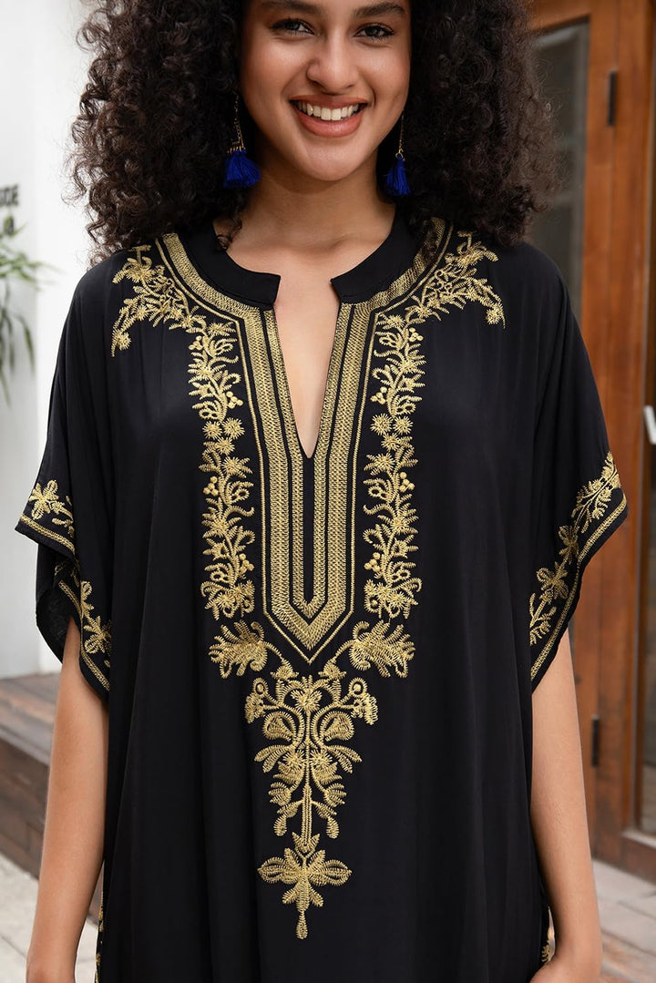 L-Peach Damen Stickerei Kaftan Loungewear Homewear Übergrosse Kimono Maxi Strandkleid Cover Ups Robe
