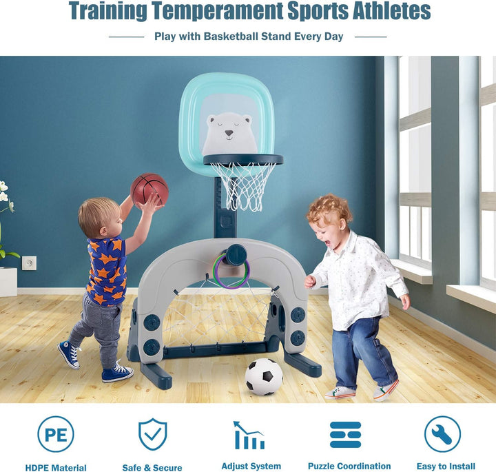 3-in-1-Basketballkorb-Set für Kinder, höhenverstellbares Sportaktivitätscenter mit Basketball, Fussb