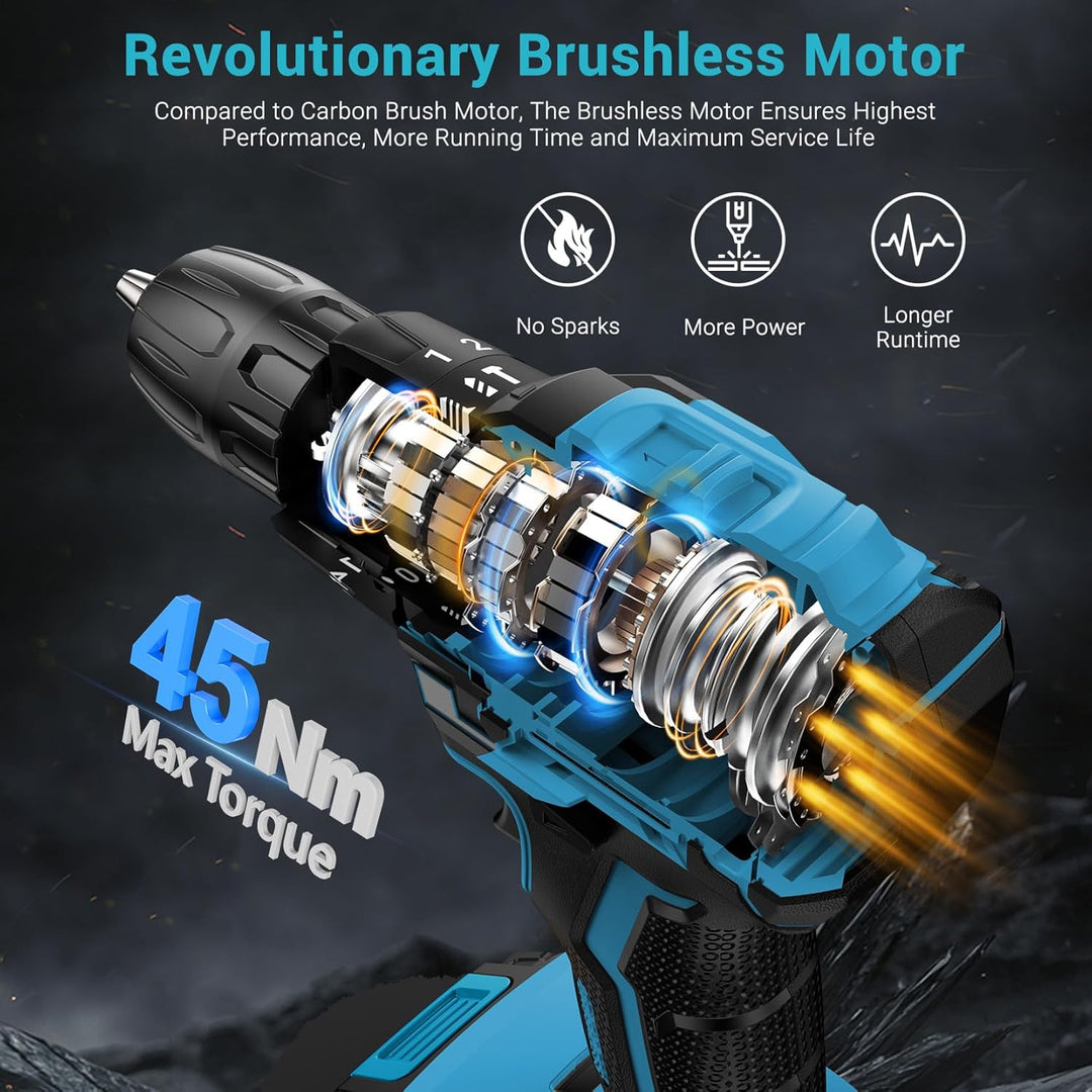 LEEIKOO Bürstenloser Akkuschrauber 21V, Akku Bohrschrauber mit 2 Akkus 2,0Ah, 45N.m Drehmoment, 20+3