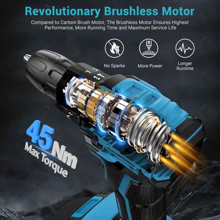 LEEIKOO Bürstenloser Akkuschrauber 21V, Akku Bohrschrauber mit 2 Akkus 2,0Ah, 45N.m Drehmoment, 20+3