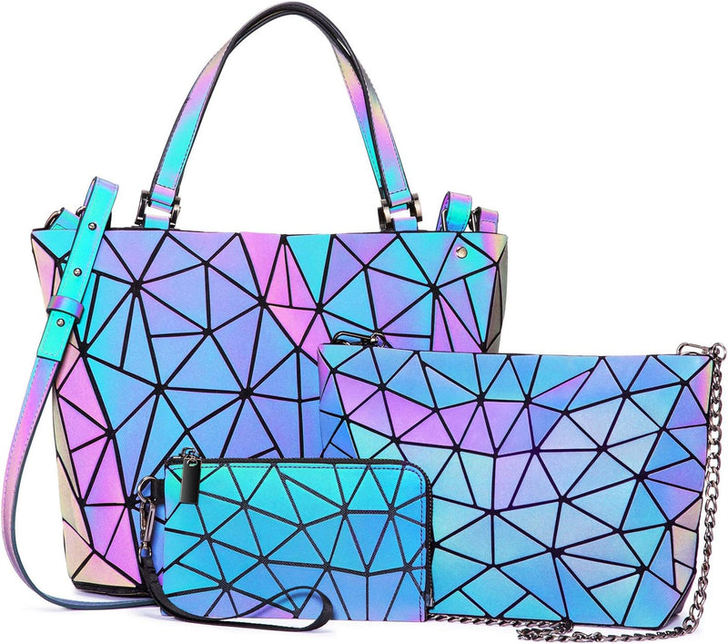 LOVEVOOK Handtasche Set Damen, Geometrische Holographic Taschen, 3pcs Umhängetasche Henkeltasche Gel