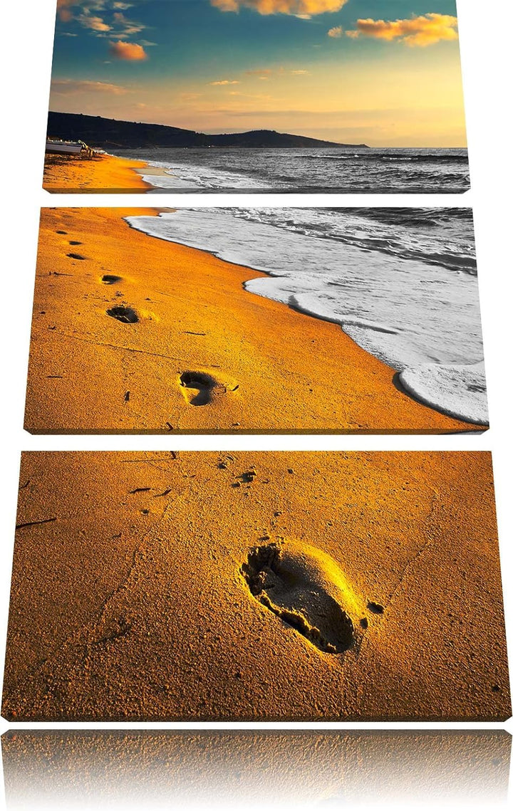 Pixxprint Spuren Im Sand am weiten Meer/Format: 3-Teiler (120x80cm) cm/Leinwandbild fertig bespannt
