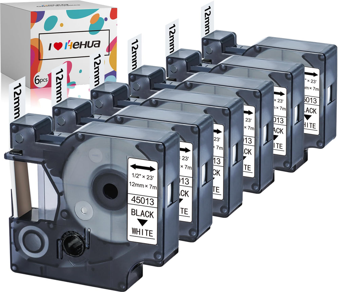 Hehua 6x 45013 S0720530 Kompatibel mit Dymo D1 12mm Schwarz auf Weiss für D1 Etikettenband 12mm x 7m