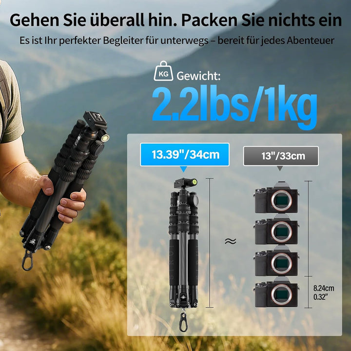 SIRUI AM-5C Carbon Reisestativ, 140cm Kompaktes leichtes Carbon Tripod mit 360° Panorama-Kugelkopf f