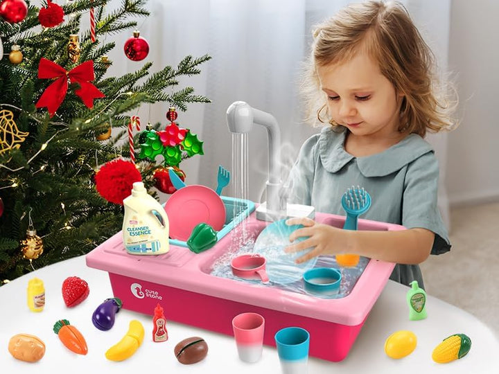 cute stone Küchenspüle Spielzeug Set mit warmbarem Wasser-Recycling Wasserhahn und Waschbecken, Wärm