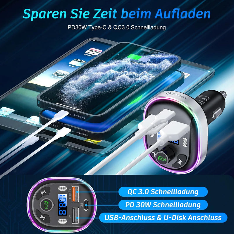 Bluetooth 5.3 FM Transmitter, SONRU Bluetooth Auto Radio Adapter, Metall PD 30W & QC3.0 Schnelles Au