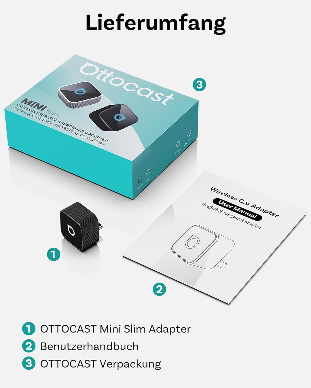 Ottocast Mini Slim 2026 Version, Wireless CarPlay & Android Auto Adapter, Kabelgebundenes CarPlay &