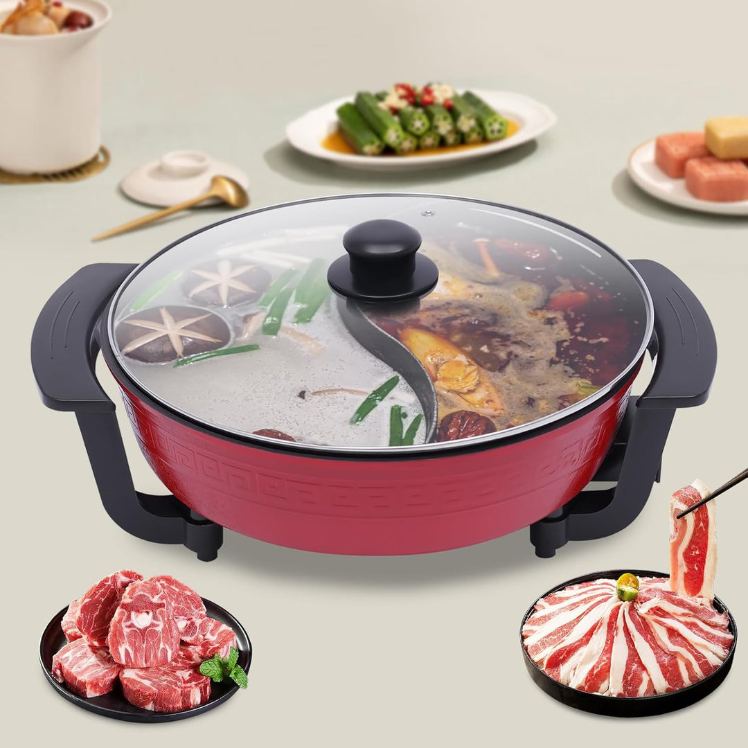 Elektrisch Hotpot Topf Chinesischer Hotpot mit Trennwand,Heizsockel und Deckel 6L 1360W für 6-8 Pers
