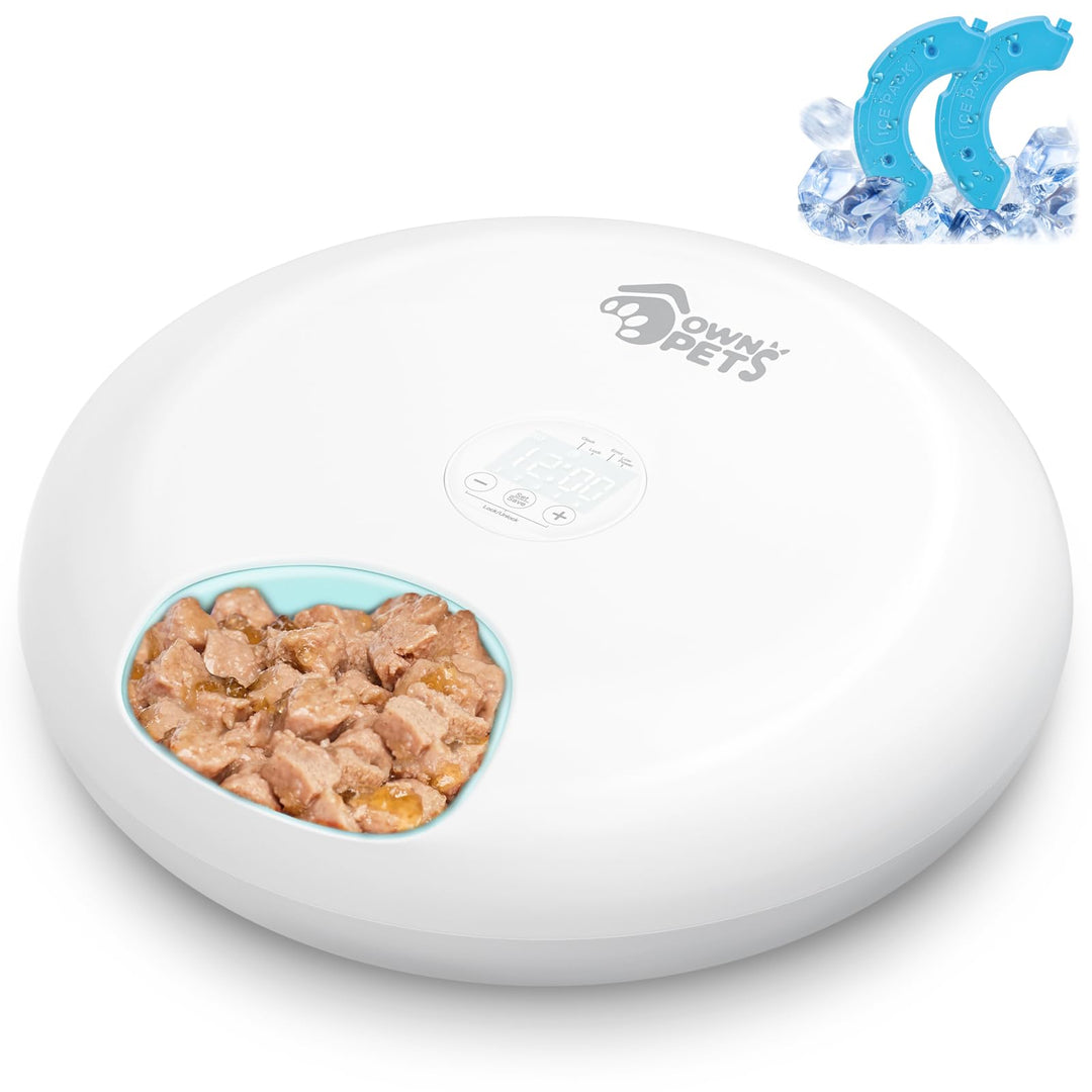 Ownpets 6 Mahlzeiten Automatischer Katzenfutterautomat für Nass/Trockenfutter, mit 2 Kühlakkus, prog
