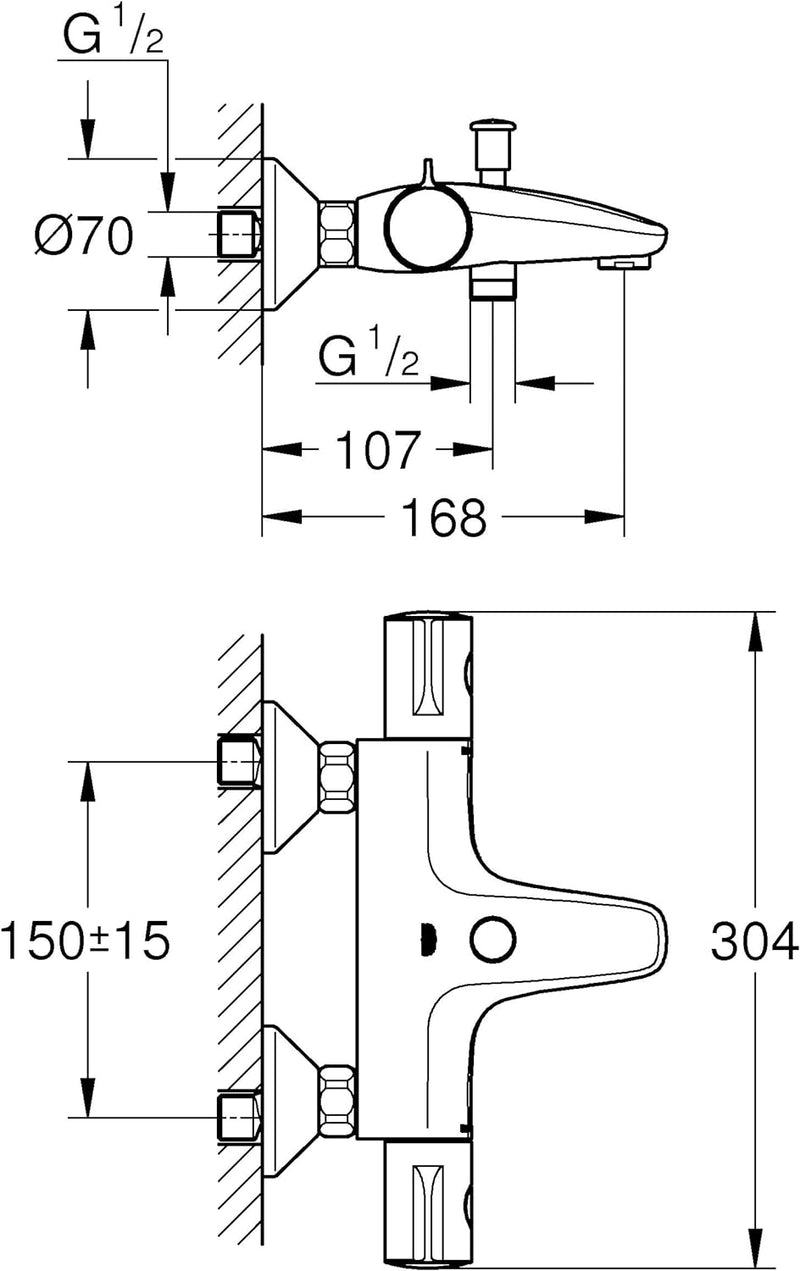 Grohe GRT 800 THM Wanne AP 1/2" F, Silber Mit Anschlüssen, Mit Anschlüssen