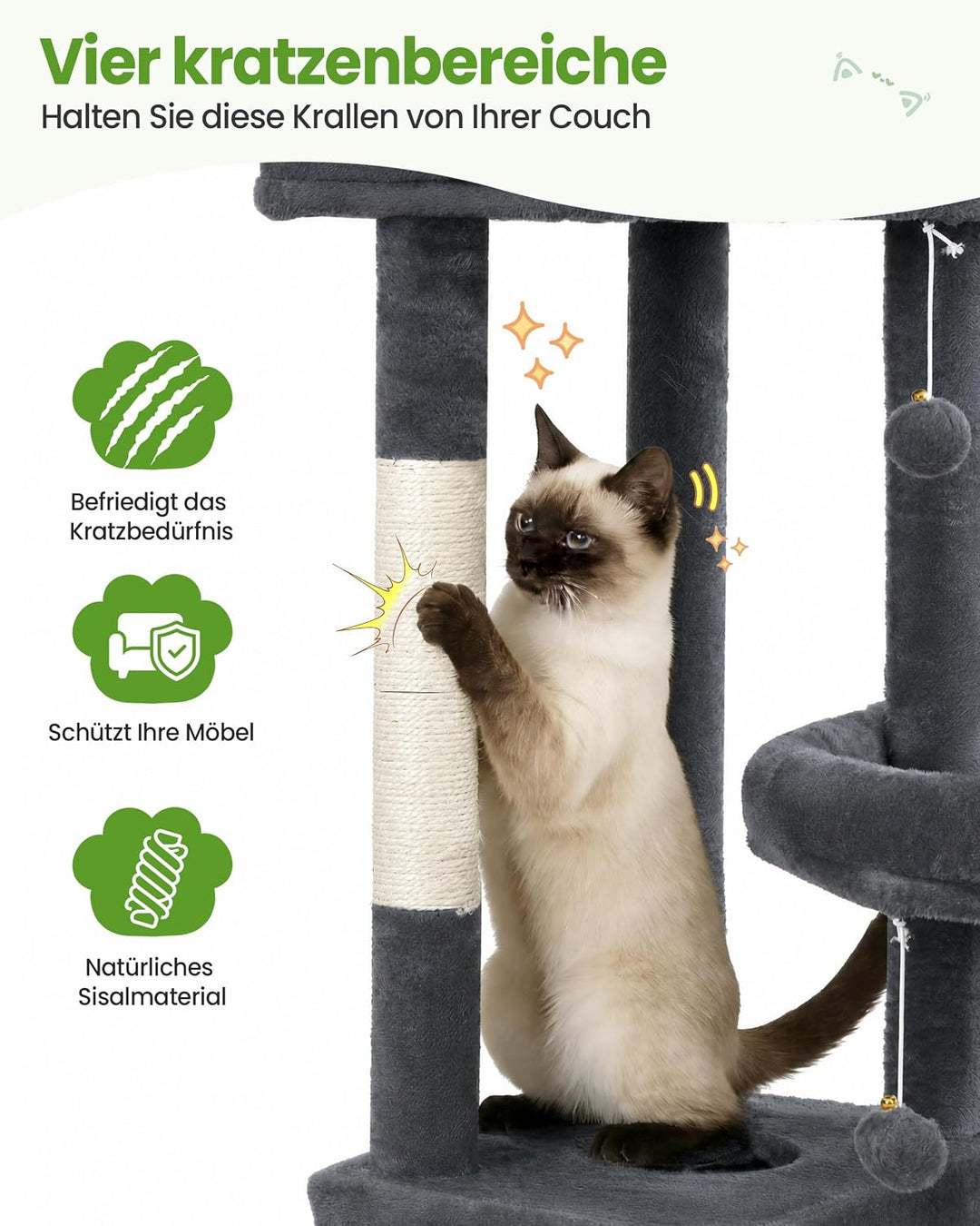 Kratzbaum Gross, Kratzbaum Grosse Katzen Stabil 170 cm hoch - Katzenbaum XL, Mehrstöckiger Katzenbau