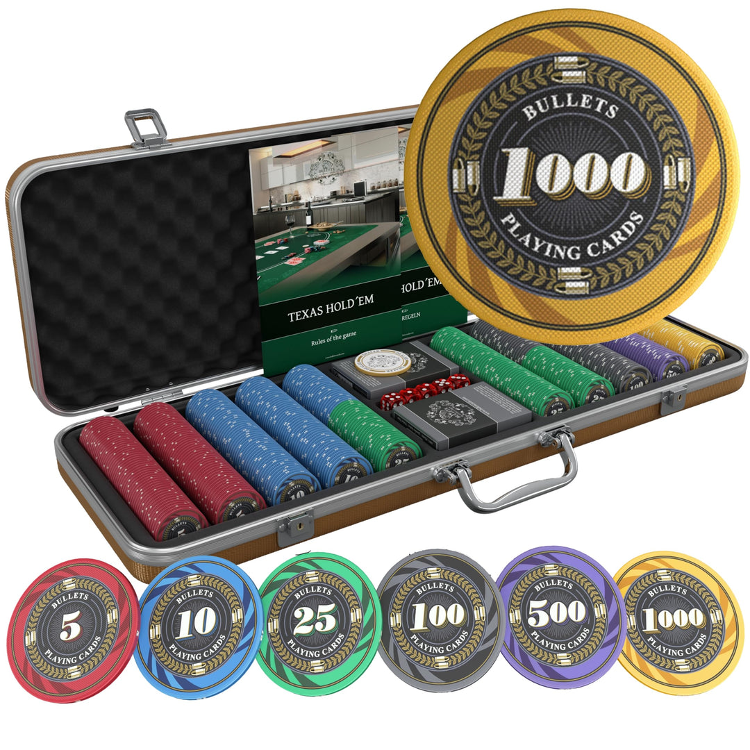 Bullets Playing Cards | Pokerkoffer „Silvio“ mit 500 Keramik Pokerchips 10g | Pokerset mit Karten, W