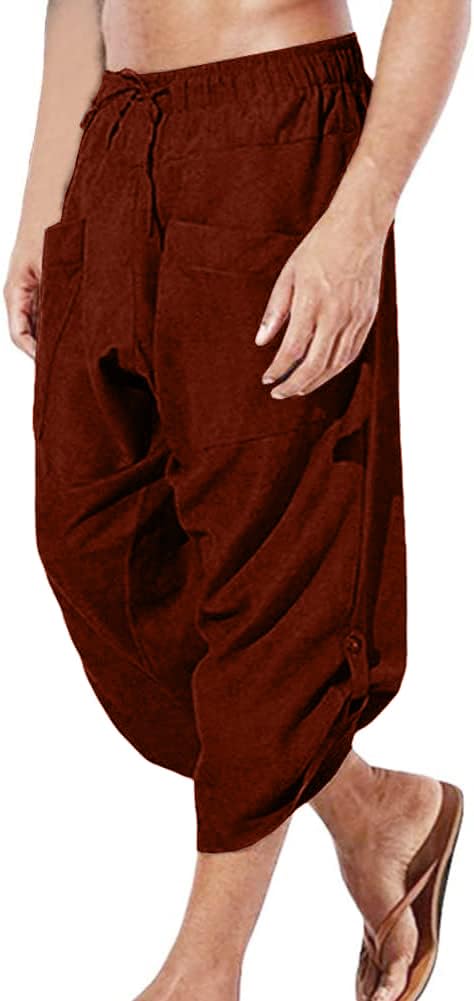 COSDREAMER Herren Mittelalter Hose Wikinger Piraten Kostüm Hose (Small, Braun 3/4) S Braun 3/4, S Br