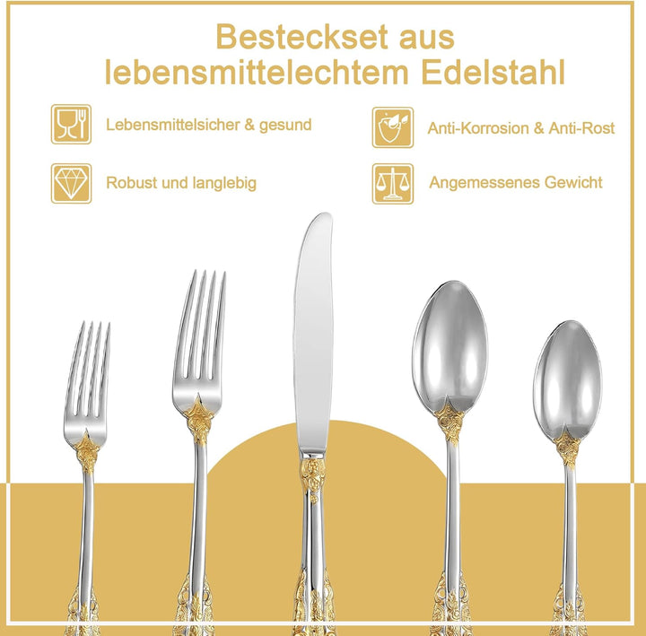 Prächtiges Barock Gold Silber 18/10 Edelstahl Besteck-Set mit 20 Teilen, rostfreies Edelstahl Bestec