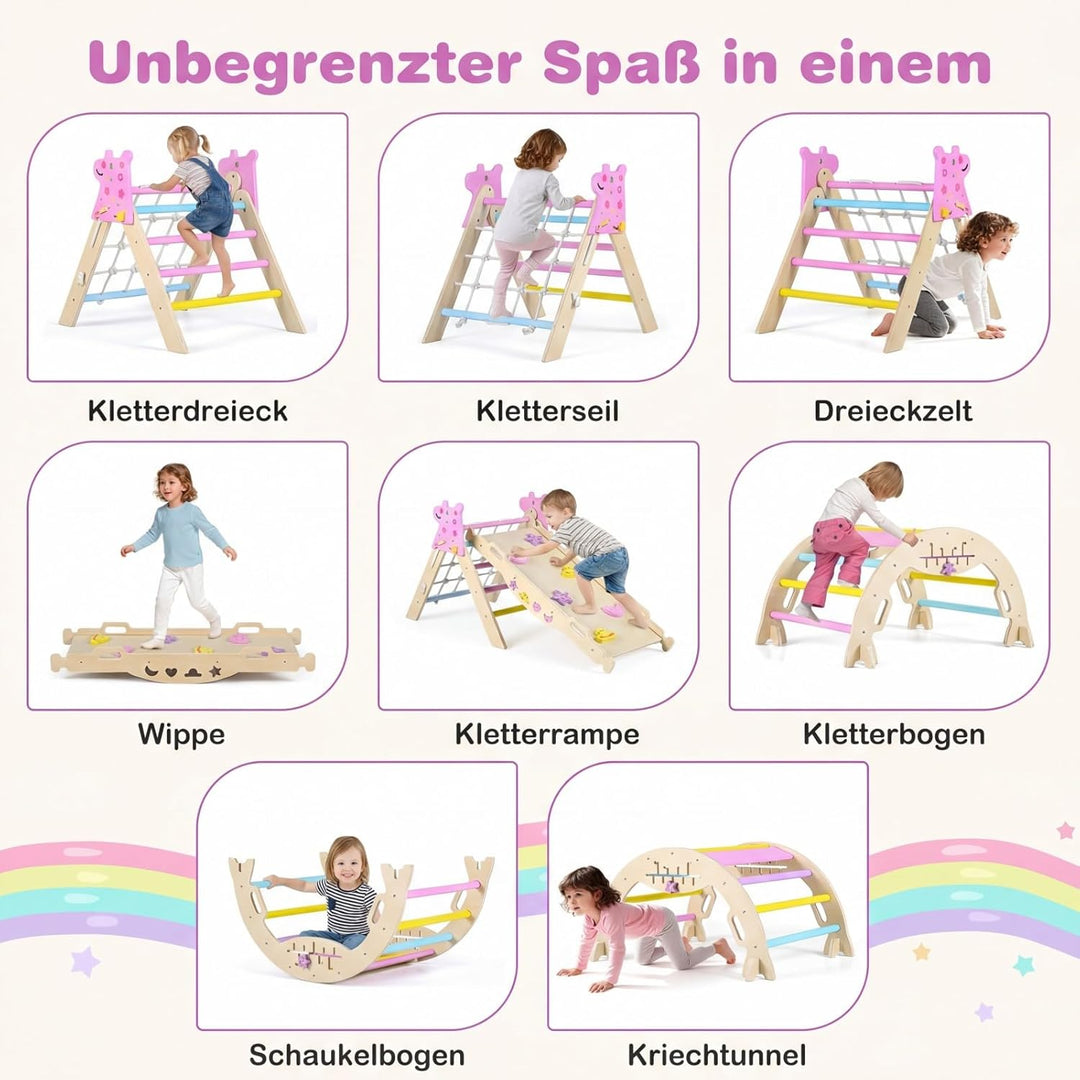 GOPLUS 8-in-1 Klettergerüst Indoor, Kletterdreieck Holz, 4er Set Kletterspielzeug mit Kletternetz, K