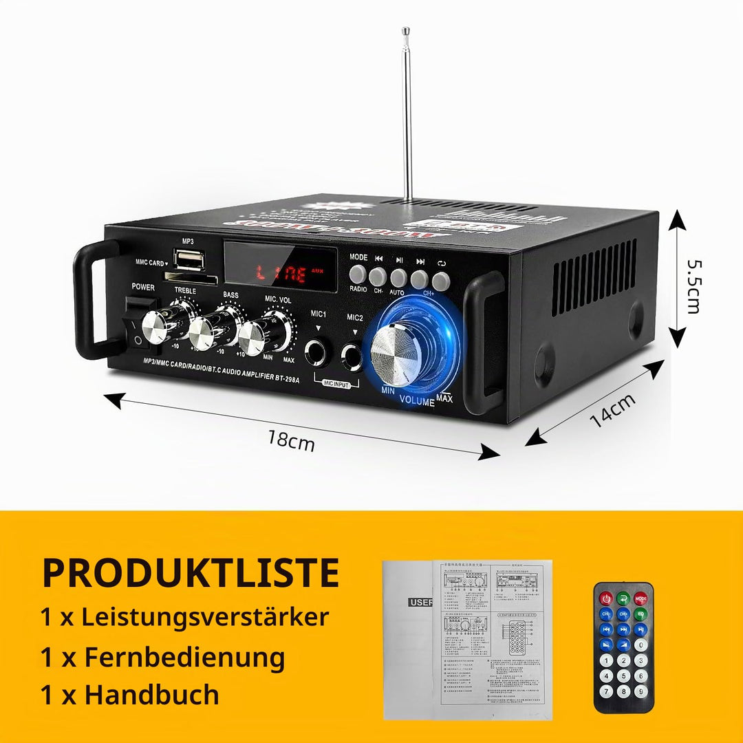 Mini Verstärker HiFi Stereo, 300W+300W Stereo Audio, Wireless Endstufe, Bluetooth 5.0 MP3 SD USB FM,